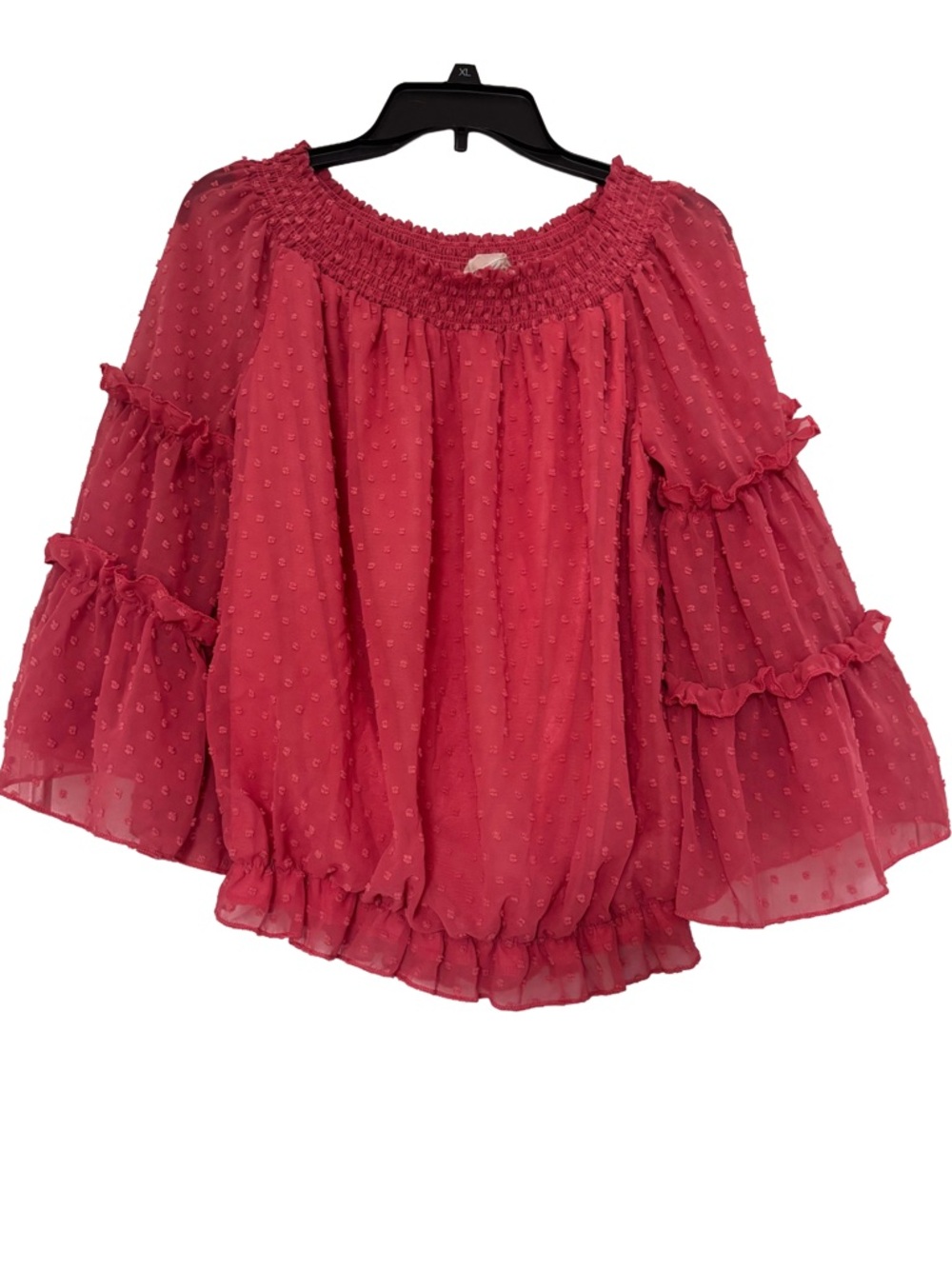 Smocked Off-Shoulder Raspberry Bell-Sleeve Blouse